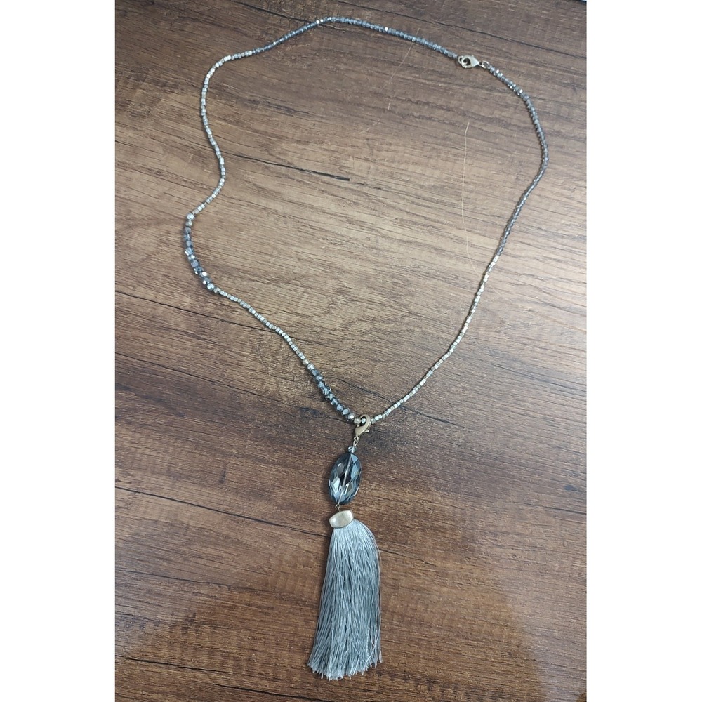 Premier Designs "Dazzled" Smoky Crystal Matte Silver & Gold Tassel Necklace 32" - Picture 7 of 7